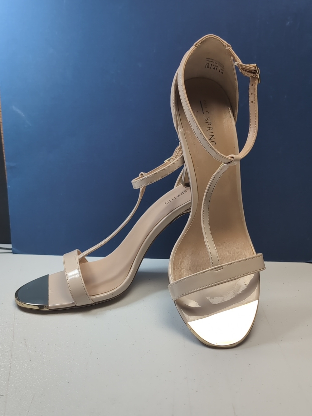 Call It Spring Nude Patent T-Strap Heels with Gold Toe Size 10